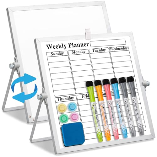 LISSCHANN Magnetic Dry Erase White Board with Stand, 10" x 10" Double-Sided Desktop Whiteboard, Mini Portable Weekly Calendar Planner Board Set with 6 Markers, 4 Magnets, 1 Marker Holder & 1 Eraser
