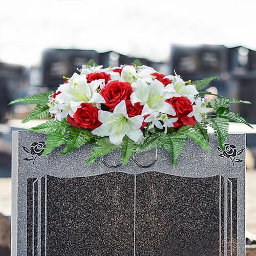 Artificial Headstone Flower Saddles for Graves, Cemetery Memorial Flowers for Outdoor Tombstone Decorations, Artificial Lily Rose Saddle Flowers image 5