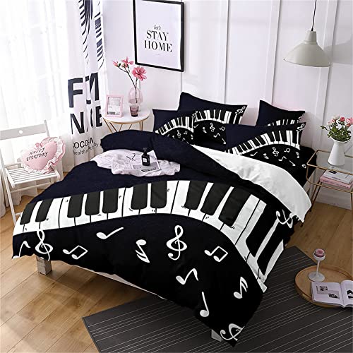 Housse de Couette Noire Blanche Pour Homme Art Musique Parure de Lit Notes de Musique en Microfibre 2/3 Pièces Housse de Couette Confortable et Taie...