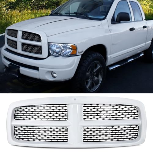 MIC Front Grille Grill Assembly Compatible with 2002-2005 Dodge Ram 1500 & 2003-2005 Ram 2500 3500 Laramie (Bright White+Gloss Black Insert)