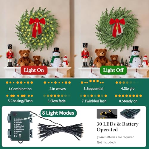 Image of Christmas Wreath with Lights,26 inch Real Touch Pine Wreath with Bow and Bell, Artificial Christmas Wreaths for Front Door,Outdoor Winter Wreath for Indoor,Wall,Window Festival Decor