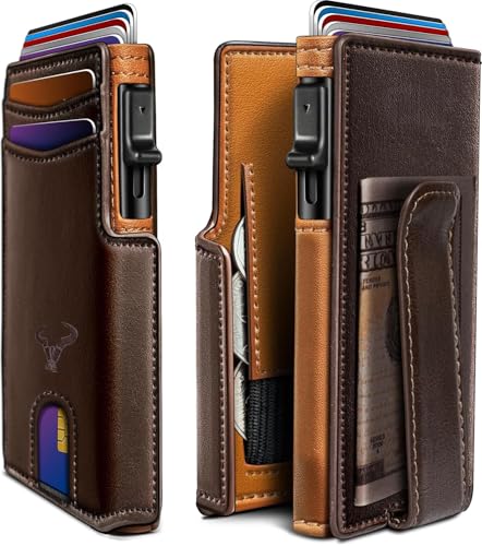 Image of VOGARD Slim RFID Blocking Wallet for Men | Pop-Up Card Holder with Money Clip & Coin Pocket | Magnetic Flip Leather Wallet | Holds 9 Cards, Cash & Keys | Coffee Brown