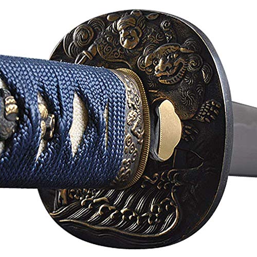 Handmade Sword - Battle Ready Samurai Katana Sword, Eagle Tsuba, Fully Hand Forged, 1045 Carbon Steel, Clay Tempered, Full Tang, Sharp, Red Scabbard, Blue Handle, Certificate