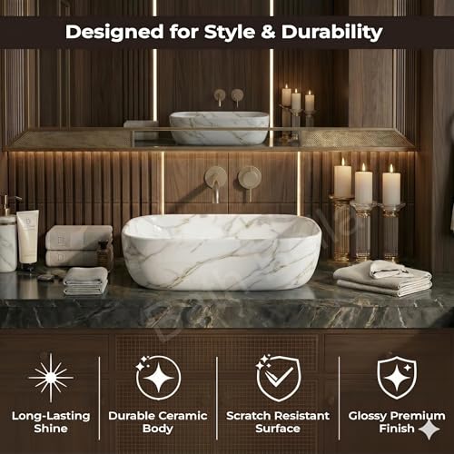 Image of Designer Ceramic Wash Basin For Bathroom | Over Counter Bathroom Basin | Counter Top Bathroom Sink | Wash Basin For Restaurant, Hotel (18 x13 x 5 Inch) (Designer White)
