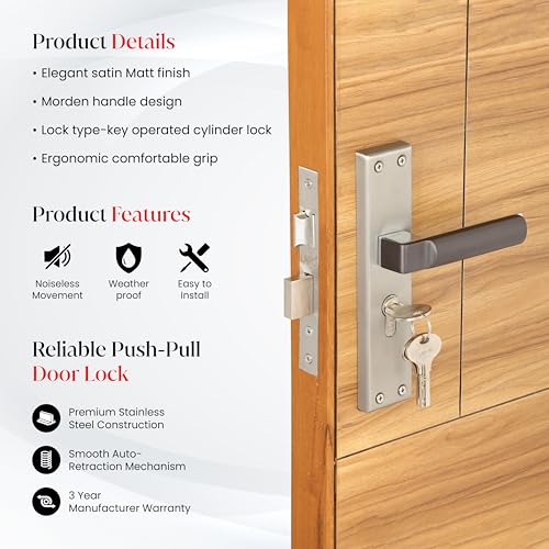 Image of LAPO Mortise Door Lock for Home Main Door & Bedroom with Handle | Heavy-Duty 60mm Cylinder | Left-Right Fit 30-50mm Door Home Office Hotel | 3 Brass Keys | 45x45mm Body | Matt Finish | CY-307