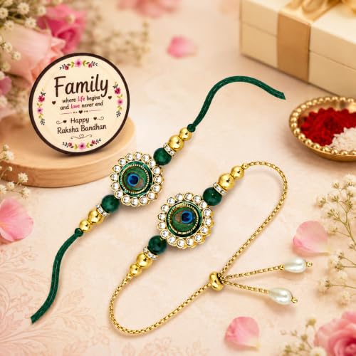 Image of Riddhika Ventures Glorious Gold Plated Religious Diamond Ring Rakhi || Traditional Rakhi Set of 2 & Festive Gift || Rakhi Gift Combo for Bhaiya Bhabhi (J2SM)