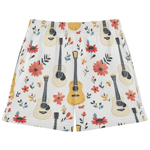Girl Athletic Shorts High Waist Shorts Girls Athletic for Running M Guitars and Flowers White