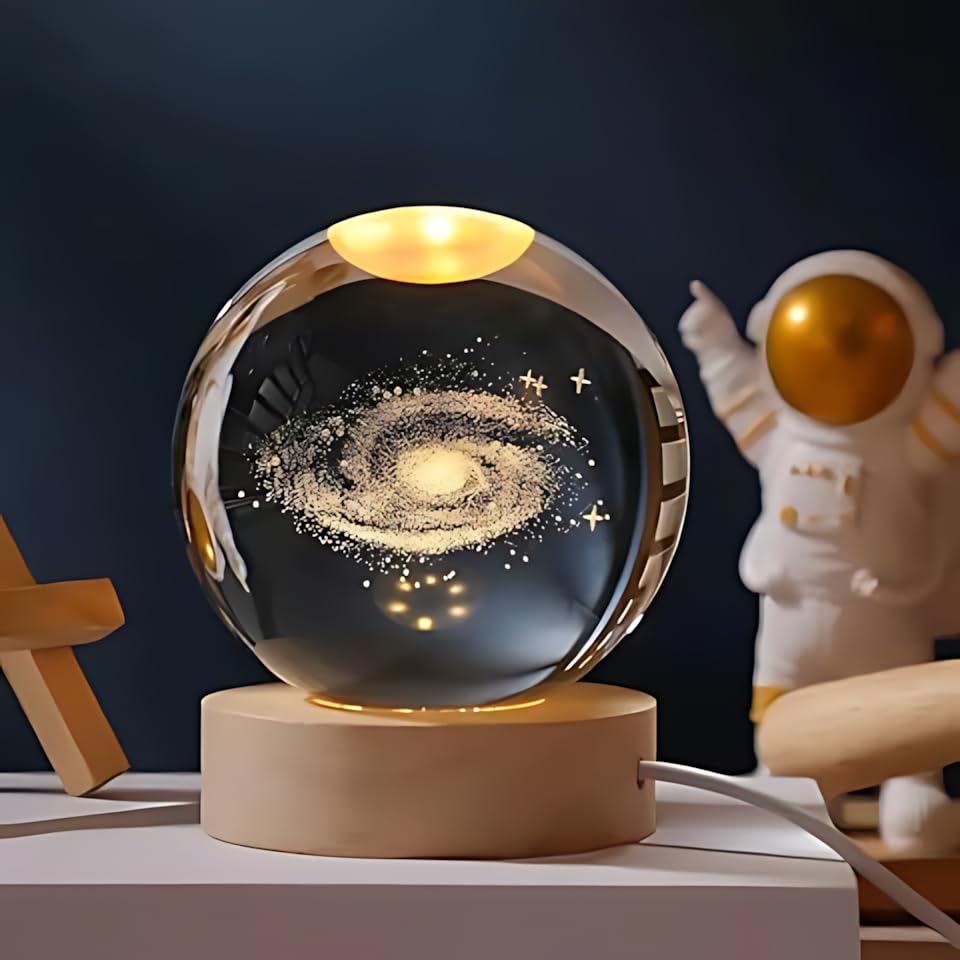 Image of 3D Crystal Ball Night Light with Wooden Base, Aesthetic Clear LED Lamp for Home and Bedroom Touch Switch, Warm Light for Kids and Teens Perfect Birthday & Anniversary (Galaxy)