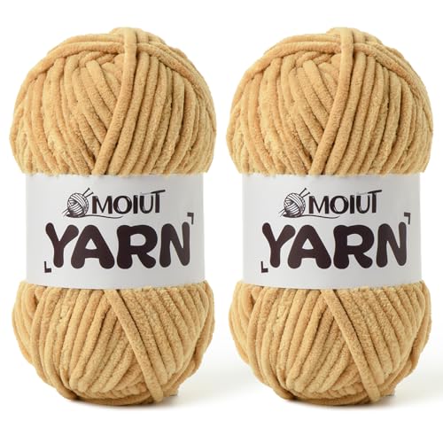 Image of 2 Pack Fluffy Chenille Yarn for Crocheting, Chunky Velvet Yarns for Crochet Amigurumi, Baby Yarn for Crocheting Soft Blanket, 174.9yds /7 oz Bulky Yarns for Crafts /Hats /Shoes /Socks (2 Khaki)