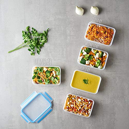 EMSA Clip & Close Frischhaltedosen-Set, rechteckig, 5 X 0,8 L, Aufbewahrungsboxen, 100 Prozent dicht, spülmaschinen-, gefrier-, mikrowellenfest, Transparent, Blau, Made in Germany, N10307