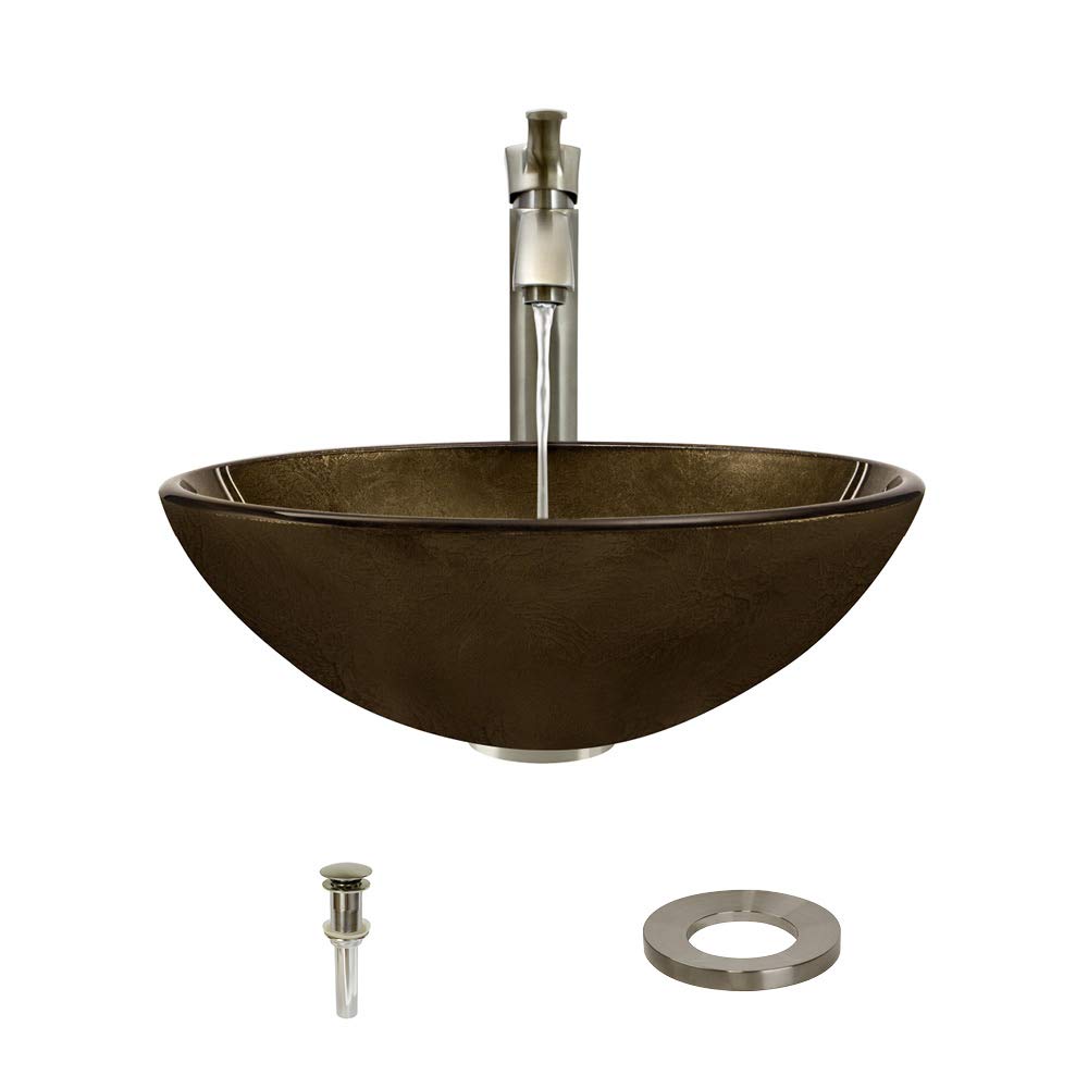 MR Direct637-726-BN Glass Vessel Sink in Foil Undertone with Faucet and Pop-Up Drain in Brushed Nickel, 726, Black, Gold