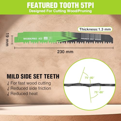 WORKPRO 5-Piece Reciprocating Saw Blades Set | Sabre Saw Blades for Cutting Branches,Wet Wood | 230mm 5TPI Saw Blades Set with Plastic Storage Box | Compatible with Most Reciprocating Saw 4 WORKPRO 5-Piece Reciprocating Saw Blades Set | Sabre Saw Blades for Cutting Branches,Wet Wood | 230mm 5TPI Saw Blades Set with Plastic Storage Box | Compatible with Most Reciprocating Saw - Image 4