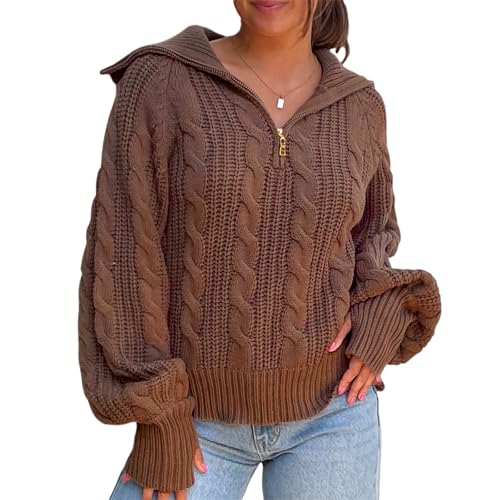 Women Quarter Zip Sweaters Chunky Knit Pullover Sweater Long Sleeve Warm Fashion V Neck Oversized Knitted Top