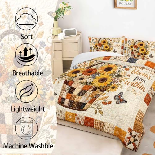 Image of AILONEN Sunflower Basket Twin Bedding Set 3 Piece, 1 Comforter + 2 Pillowcases, Golden Petals Butterflies Patchwork Quote Happiness Blooms from Within for Rustic Cottage Bedroom
