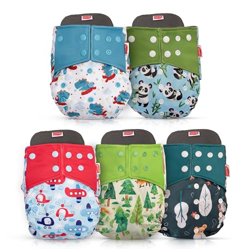 Image of LuvLap Reusable Baby Cloth Diapers Combo Pack of 5 (5 Shell + 5 Pads) Double Leak Guard, High Absorption, Stain-Proof Comfort & Protection, 3m+, Rash Free, Adjustable Waist & Height with Snap Buttons