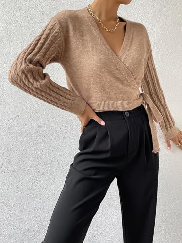 Image of ZAFUL Women's V Neck Sweater Lantern Long Sleeve Pullover Cable Knit Cross Crop Top Casual Tie Wrap Tunic Jumper Blouses