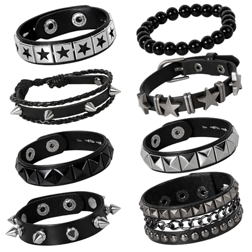 CXIIPOL 8 PCS Punk Rock Studded Leather Bracelets Adjustable 80s Rock Concert Outfits for Men Women Goth Accessories for Daily Rock Style