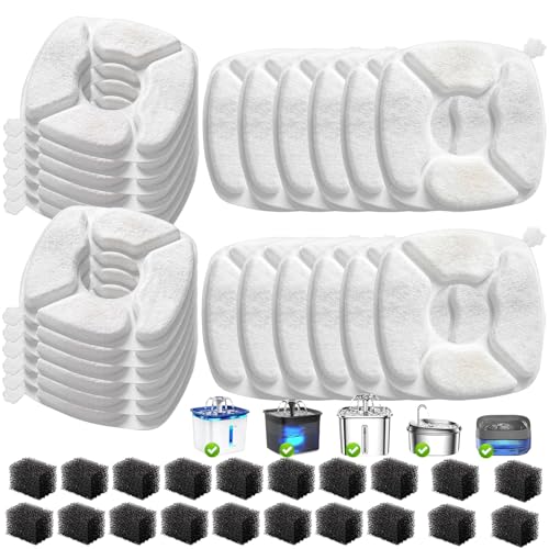 40 Pcs Cat Water Fountain Replacement Filters-20 Pack Cat Fountain Filters with 20 Pack Sponges, Enhanced Compatibility Pet Fountain Filter Fit for 95oz/2.8L 135oz/4L 67oz/2L Pet Drinking Fountain