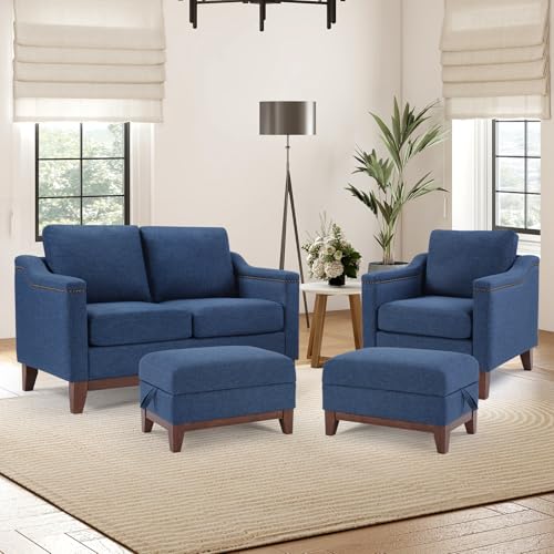 Image of HAOMARKETS 4 Piece Chenille Sofa Set with Nailhead Trim, Included Single Accent Chair, Loveseat 2-Seater Couches with Thicked Cushion and 2 Storage Ottoman with Flip-Top Table for Living Room, Blue
