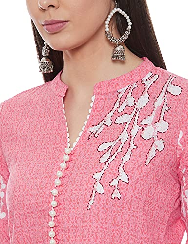 Image of Rain & Rainbow Cotton Women Coral Pink & White Floral Screen Print Kurta with Trousers & Dupatta