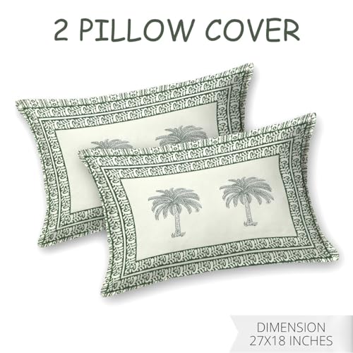 Image of Living Roots Ethnic Jaipur Block Print Double Cotton Bedsheet & 2 Pillow Covers, for Mattress Upto 6 inches Thick, No Colour Bleeding, Green Colour, King Size 90 * 108 inches, 120TC (608-C)