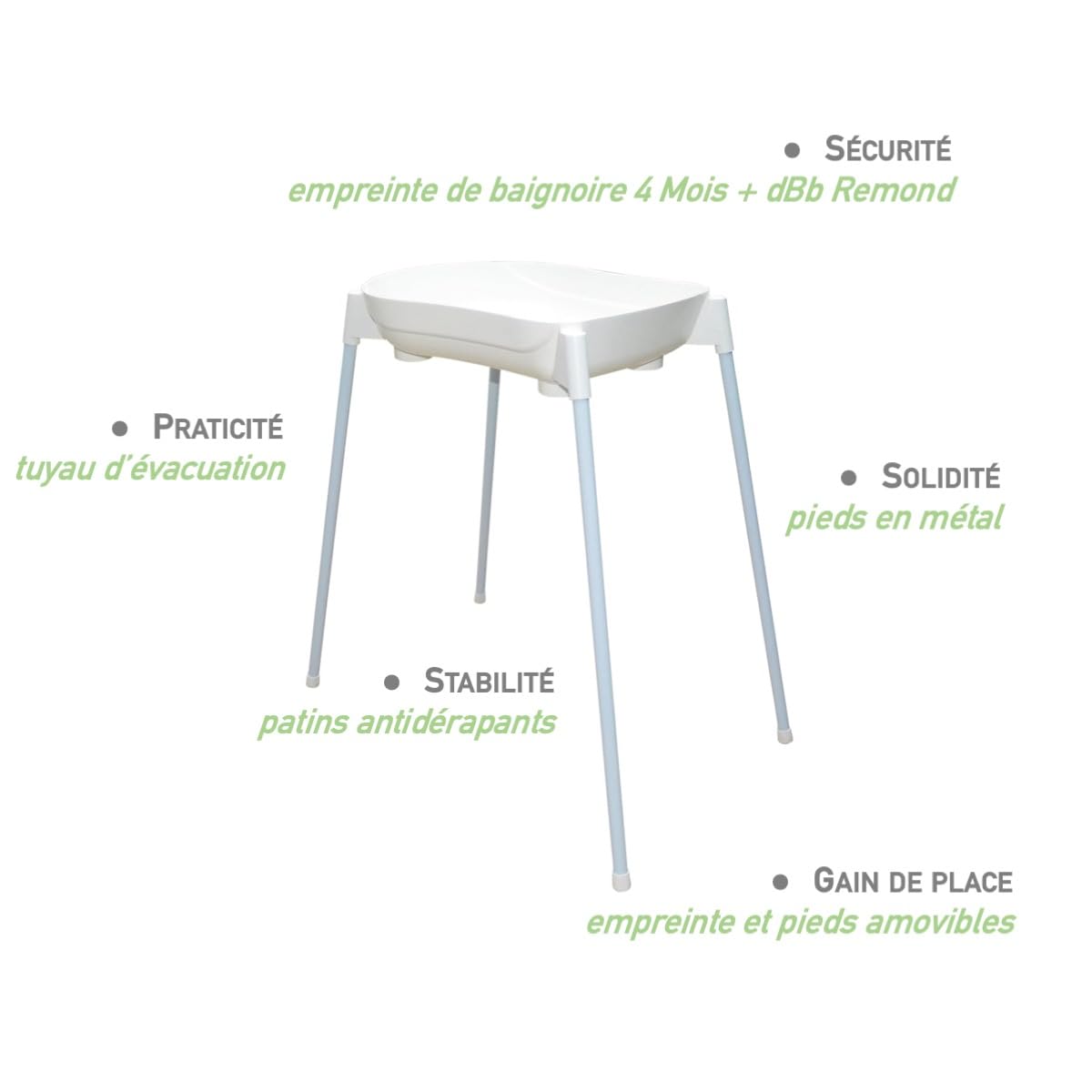 dBb Remond Support Baignoire Bébé Grand Modèle - Stable et Sécurisé - Pieds Amovibles Antidérapants en Métal Rilsanisé Blanc - Tuyau de Vidange - H83 x L100 x l53 cm - pour Baignoires 4 Mois et +