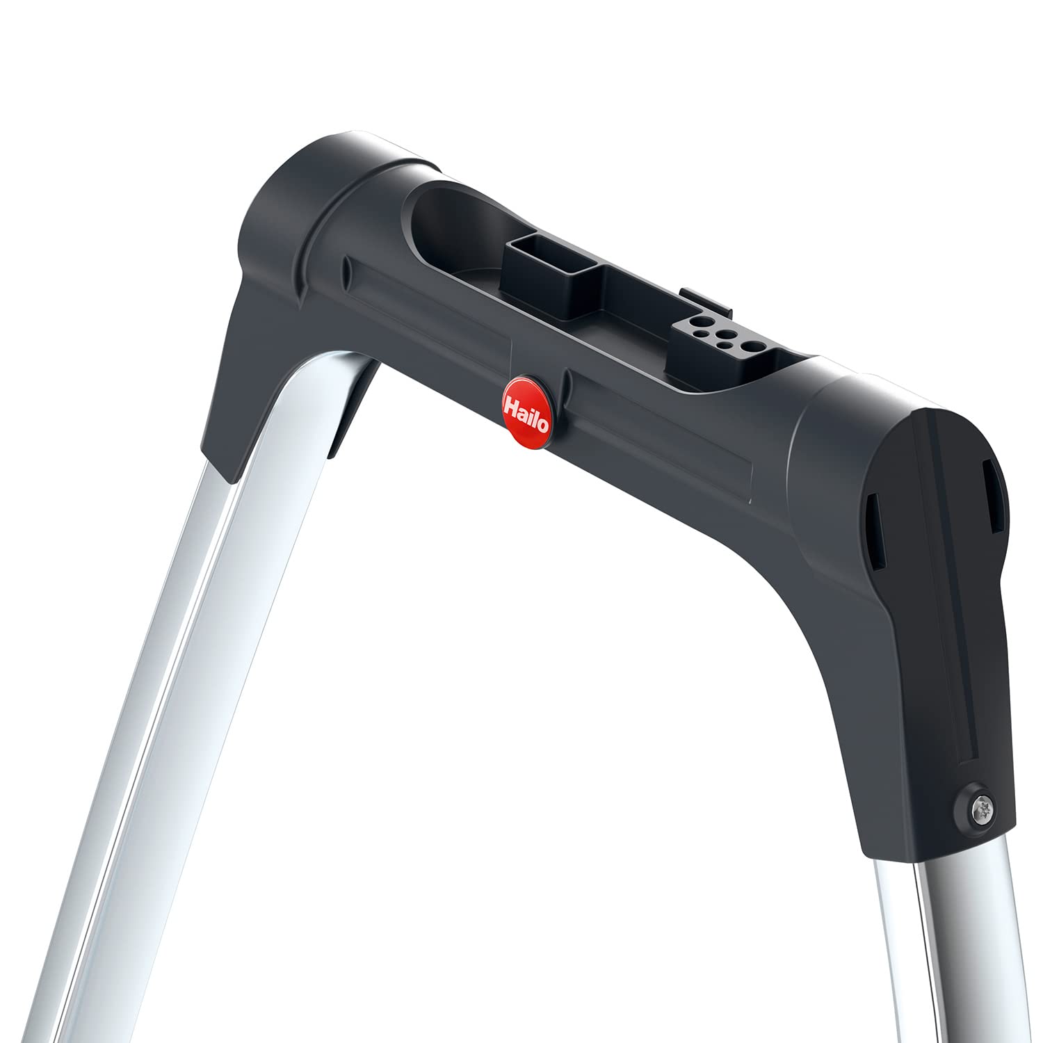Hailo Alu-Klapptritt Topline, 3 extra große Stufen bis 150 kg, kleine Alu Leiter mit hochgeschwungenem Sicherheitsbügel & Ablageschale, Soft-Grip-Füße, rostfrei, Silber, Aktuelles Modell K100