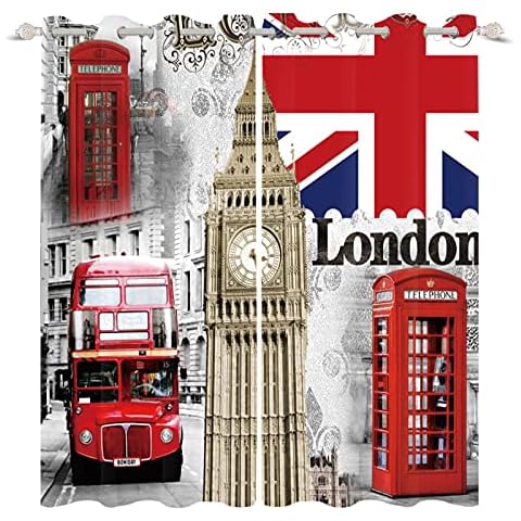 YONGFOTO 168x229cm UK Flag Blackout Curtains London Bus Red Telephone Booth Big Ben European Street Architecture for Living Room Bedroom Window Drapes, 2 Panel Home Set With Holes Cover