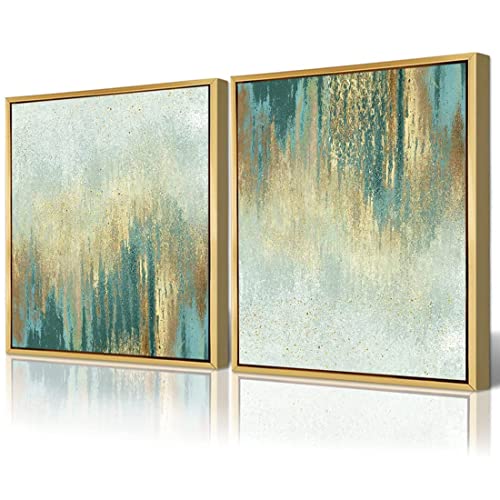 Tableau abstrait sauge et bleu sarcelle à paillettes avec cadre doré | Lot de 2
