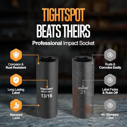 Image of TIGHTSPOT 1 /2 Inch Drive 13 /16 Inch Deep Impact Socket with Anti-Rounding 6 Point Design, Heat-Treated CRV Steel