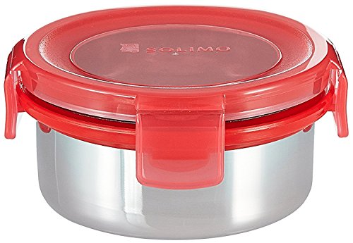 Image of Amazon Brand - Solimo Stainless Steel Lunch Box Set with Bag, 300ml, 11cm Diameter, 4-Pieces, Red Lid