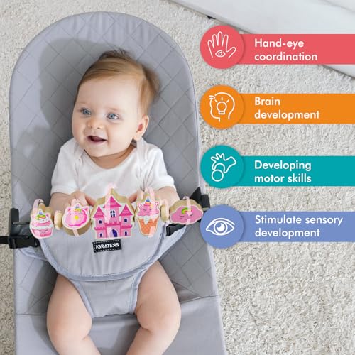 Image of iGRATENS Baby Bjorn Bouncer Toy Bar, Adorable Pink Elements Wooden Toy for Bouncer Soft & Bliss, Easy to Attach and Remove, Child-Friendly Materials, Special Design for Baby Girls, Castle & Dessert