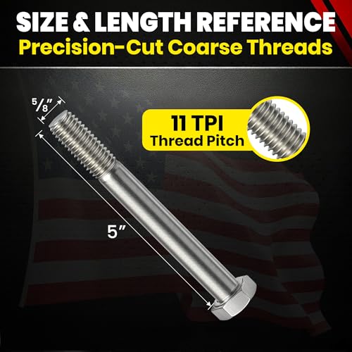 Image of Chenango Supply 5 /8-11 x 5 Stainless Steel Hex Head Bolts | 304 Stainless, USS Coarse Thread, 100,000-125,000 PSI Tensile Strength, Corrosion-Resistant Hardware Bolts, (10 Pieces)