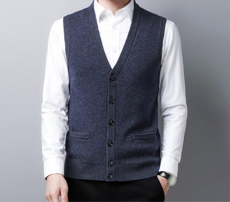 Men's Wool Vest Cardigan Solid Pocket Knitted Sweater Waistcoat3