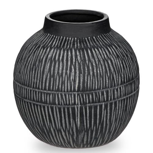 7' Short Rustic Vase with Geometric Linear Striations, Round Ceramic Vase Suitable...