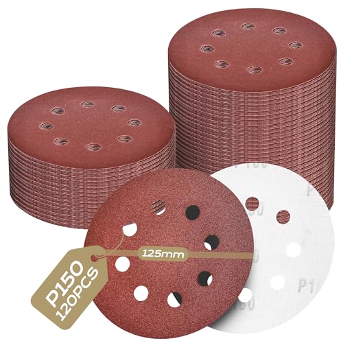 Yokuni 120 Pièces Disque Abrasif 125mm,Convient pour le ponçage papier de verre comporte 8 trous,Utilisation sur une polisseuse traitement des métaux...