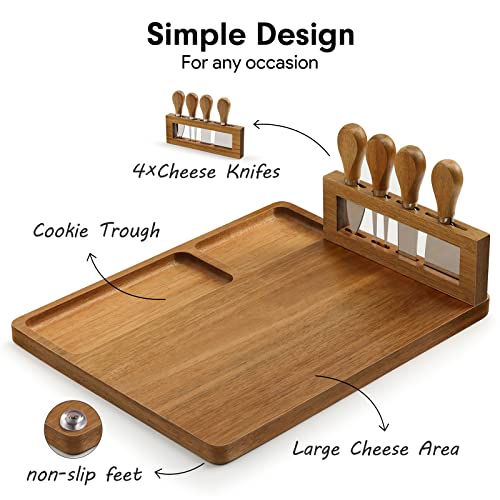 Easoger Acacia Cheese Board And Knife Set - 14” X 11” Large Charcuterie Boards Set, Cheese Tray Platter Servers With Magnetic Knife Holder, Gift For House Warming, Anniversary, Christmas, Thanksgiving #TOP2