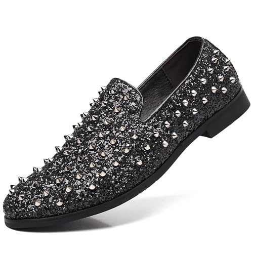COSIDRAM Men's Vintage Studded Dress Loafers Luxury Rhinestone Tuxedo Glitter Sequins Rivets Wedding Party Prom Shoes - Main Image