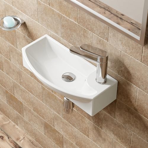 HOROW Waschbecken 45 cm Breit Waschtisch Keramik Weiß, Handwaschbecken mit Hahnloch Rechts, Überlaufloch, Moderner Bad Becken für Gäste WC Badezimmer