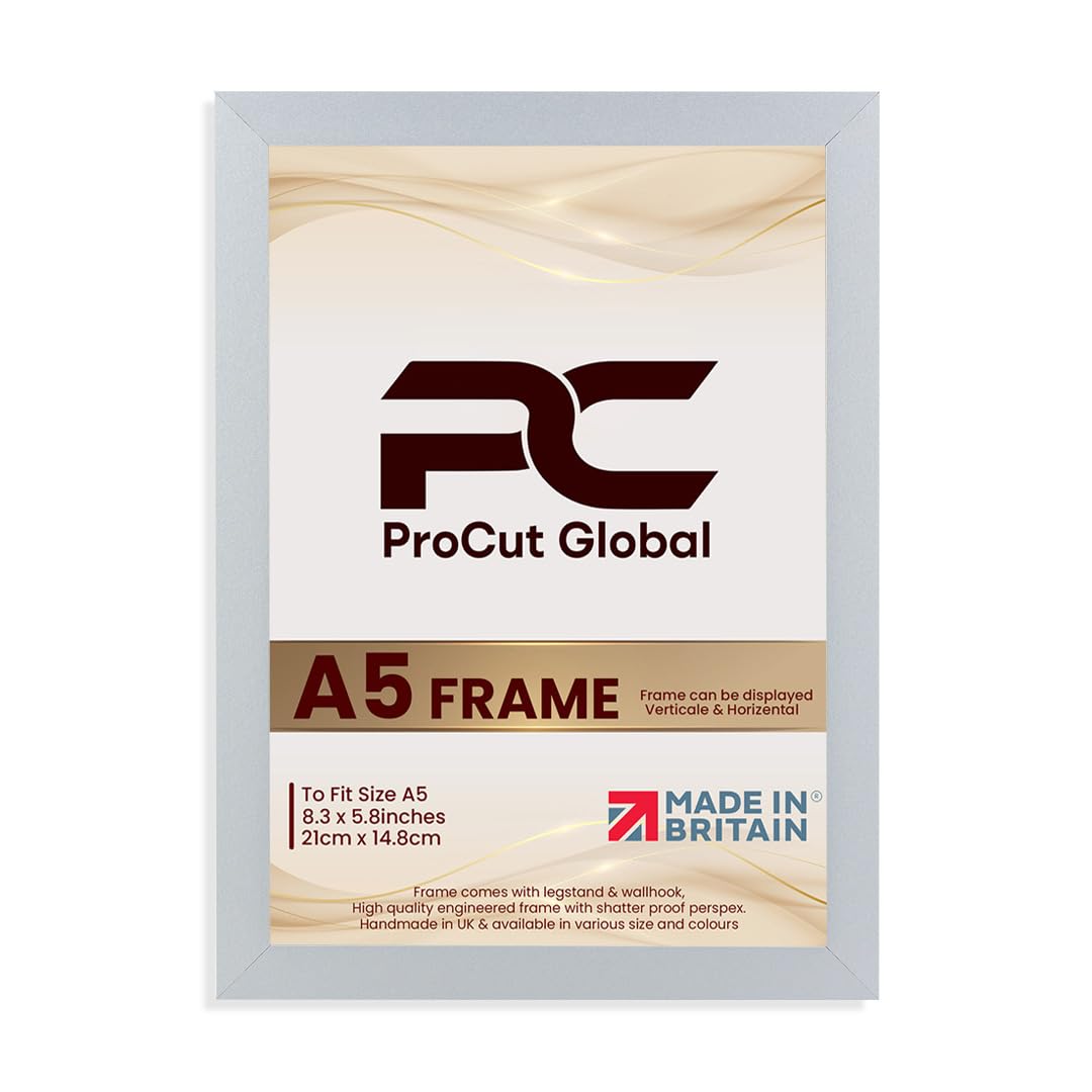 Procut Global A5 Silver Picture Frames – Sleek Wooden Photo Frame with Shatterproof Perspex for Wall or Tabletop – Perfect for Posters, Certificates, Prints–Multiple Sizes & Colors Available