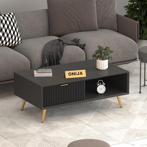 Image of ONIJA Modern Coffee Table for Living Room | HDMR Premium Wood Center Table with Storage Shelf | Matte Finish Coffee Table | Wooden Tea Table with Sturdy Legs (Black)