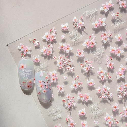 JMEOWIO 3D Nagelsticker Weiß Rosa Blumen Nail Art Sticker Selbstklebend Nagelaufkleber 5D Stereoskopisch Dekoration Nageldesign Zubehör 1 Blatt