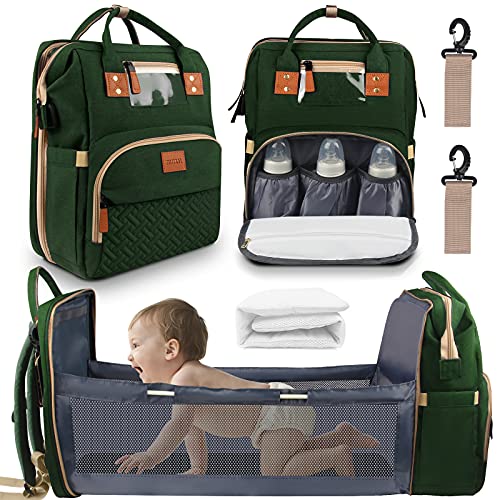 Image of Diaper Bag Backpack with Folding Crib, Multifunction Travel Back Pack Portable Bassinet Diaper Change Station, Large Capacity, 900D Waterproof, USB Charging Port for Girls Boys, Green
