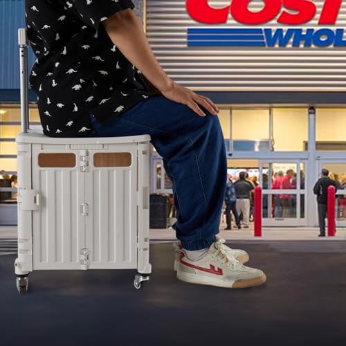 Image of Foldable Utility Cart Folding Portable Rolling Crate Handcart with Durable Heavy Duty Plastic Telescoping Handle Collapsible 4 Rotate Wheels for Travel,Shopping, Luggage, Office, Teacher(White)