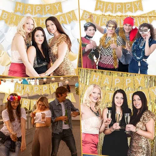 Image of Gold Happy Birthday Banner - 16 ft Pre-Strung Gold Birthday Party Decorations Sign for Girls, Boys, Kids, Women - No DIY Hanging Backdrop for Indoor & Outdoor Celebrations