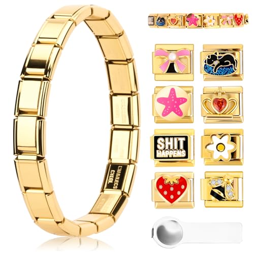 Italian Charm Bracelet Gold Italian Charms Armband Set DIY Abnehmbare Module für 9mm Armbände Italian Charm Armbänder Bracelet Gold Charms mit Öffnungswerkzeug für Mädchen Junge Geschenk (C)