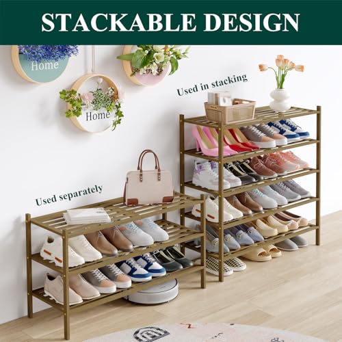 Image of Smiry Bamboo Shoe Rack, 5 Horizontal Slats, 3 Tier - 33.9 inch Wide, Walnut