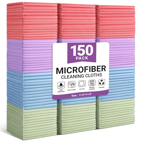 Image of SIFANGKE Microfiber Cleaning Cloth, 150 Pack Assorted Color Cleaning Rags for Housekeeping, Colorful Reusable Microfiber Towels for Car, Kitchen, Bathroom and Household Cleaning Supplies, 11.8 inchX11.8 inch