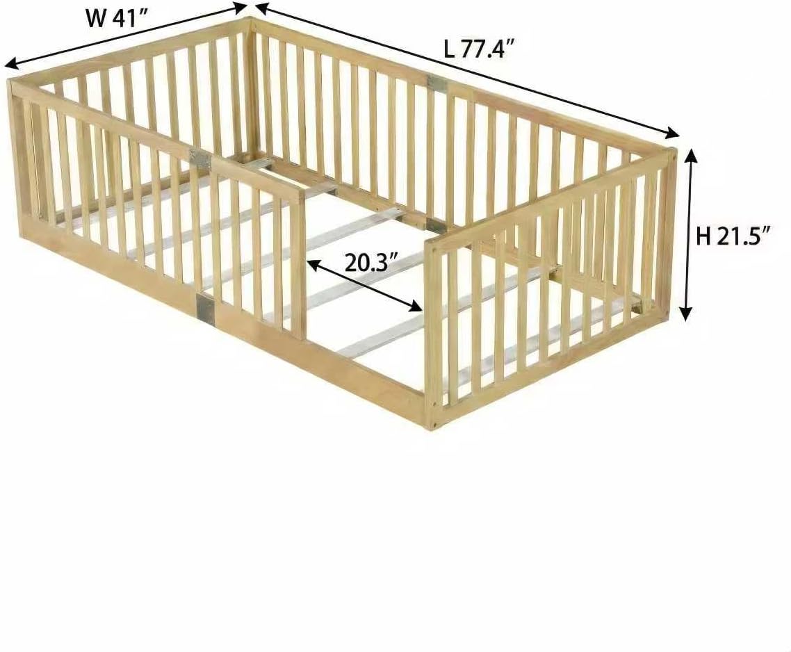 MERITLINE Montessori Floor Bed with High Rails, Solid Wood Floor Bed Frame for Kids, Montessori Bed with Slats, No Box Spring Needed, Natural