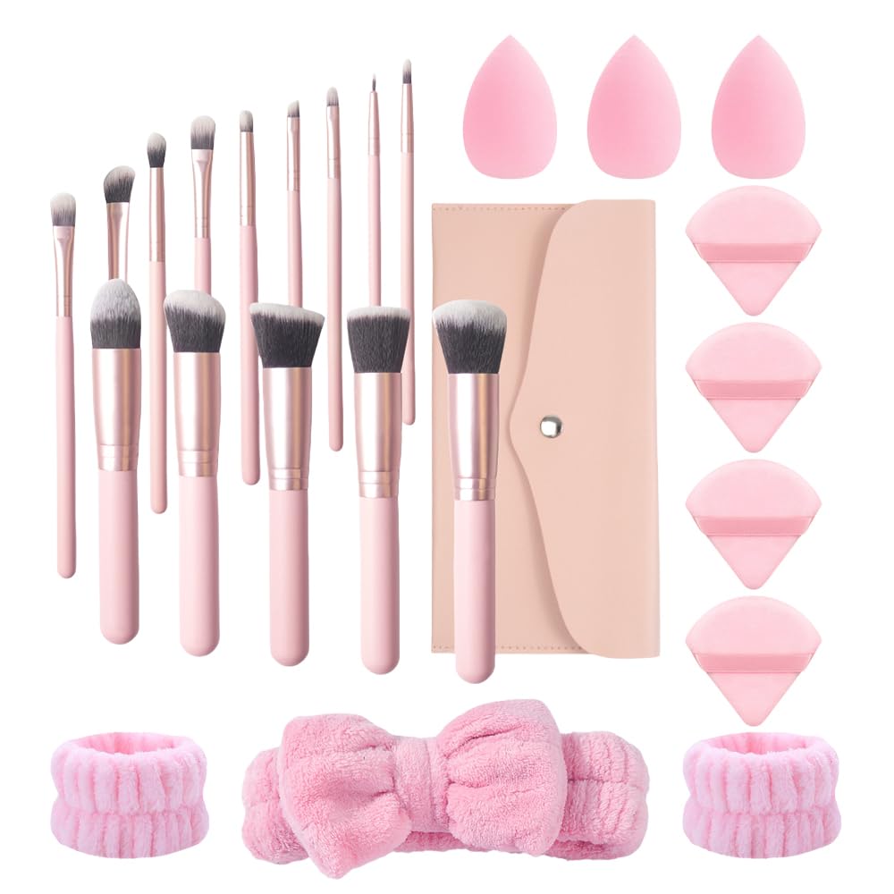 Zaritaffy 25Pcs Makeup Brush Sets with Wristbands and Headband, Including 14Pcs Makeup Brushes, 3Pcs Blender Sponge, 4Pcs Powder Puffs,
